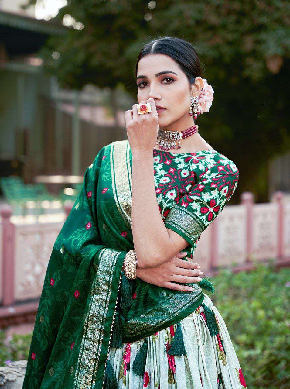 Women's Patola Print Tussar Silk Lehenga Choli Dupatta Set - Image 7